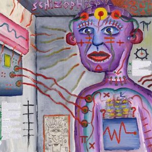 This picture shows a painting by Craig Finn, who suffers from schizophrenia, depicting hallucinations. The person at the center of the painting is connected by wires to some sort of electrical control panel mounted on the wall of the room in which he is standing. The subject is wearing a headband across his forehead arrayed with several brightly colored discs, and his chest is similar to the control panel on the wall. Colourful, wavy lines emanate from the subject's body, and symbols such as +, Δ, =, and π appear on his face and body.