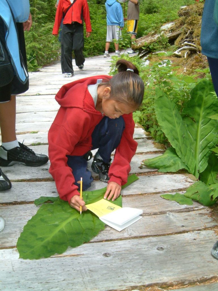 Student measuring Skunk Cabbage with a ruler in the field notebook