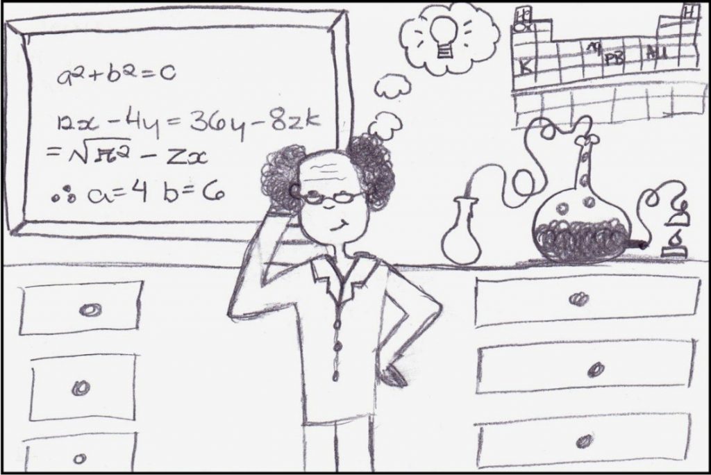 Drawing by Grade 11/12 female student depicting a male scientist "hard at work with a new invention."