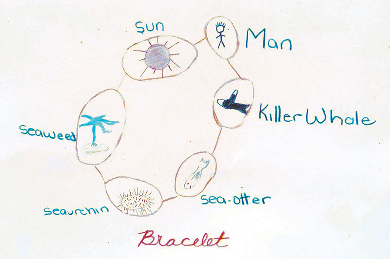 A child's drawing of a circle made up of images of a man, killer whale, sea otter, sea urchin, seaweed, and the sun