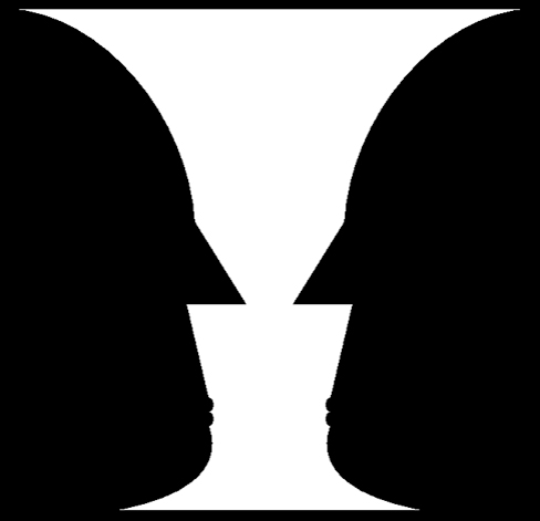 An illustration shows two identical black face-like shapes that face towards one another, and one white vase-like shape that occupies all of the space in between them. Depending on which part of the illustration is focused on, either the black shapes or the white shape may appear to be the object of the illustration, leaving the other(s) perceived as negative space.