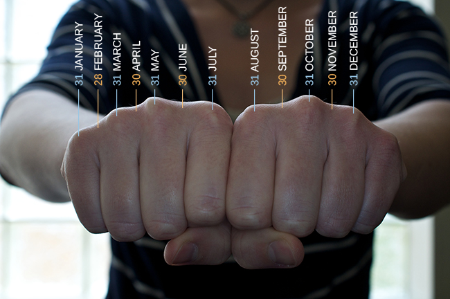 A photograph shows a person’s two hands clenched into fists so the knuckles show. The knuckles are labeled with the months and the number of days in each month, with the knuckle protrusions corresponding to the months with 31 days, and the indentations between knuckles corresponding to February and the months with 30 days.