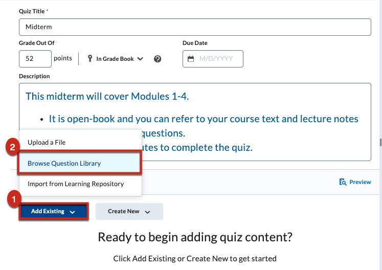 Add existing questions with Browse Question Library selected.