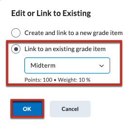 Link to an existing grade item with quiz grade item, "Midterm" selected.