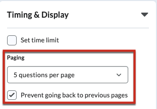 Brightspace Quizzes paging options: 5 questions per page with no going back to previous pages