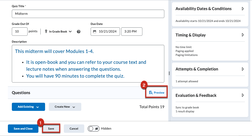 Save and Preview buttons in Brightspace quiz creation.