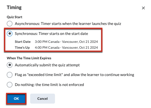 synchronous quiz timing for Brighstpace quizzes