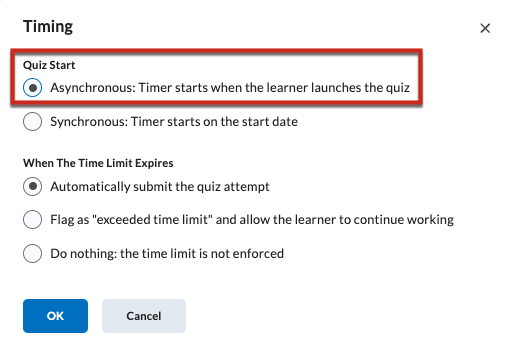 Brightspace quizzes asynchronous quiz settings