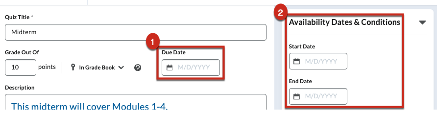 Due Dates and Availability Dates on quiz setup page.