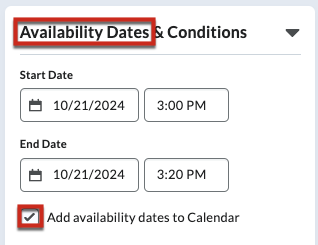 Availability dates of start on October 21, 2024 at 3:00 pm and end on October 21, 2024 at 3:20 pm.