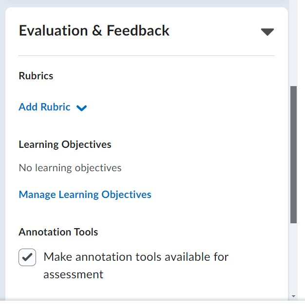 Set the evaluation options in the Evaluation & Feedback menu.