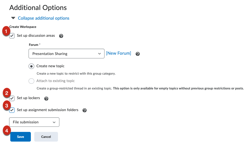 Additional group options: discussions, lockers, and assignments.