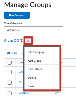 Manage group options: edit, add group, enrol, delete, or email