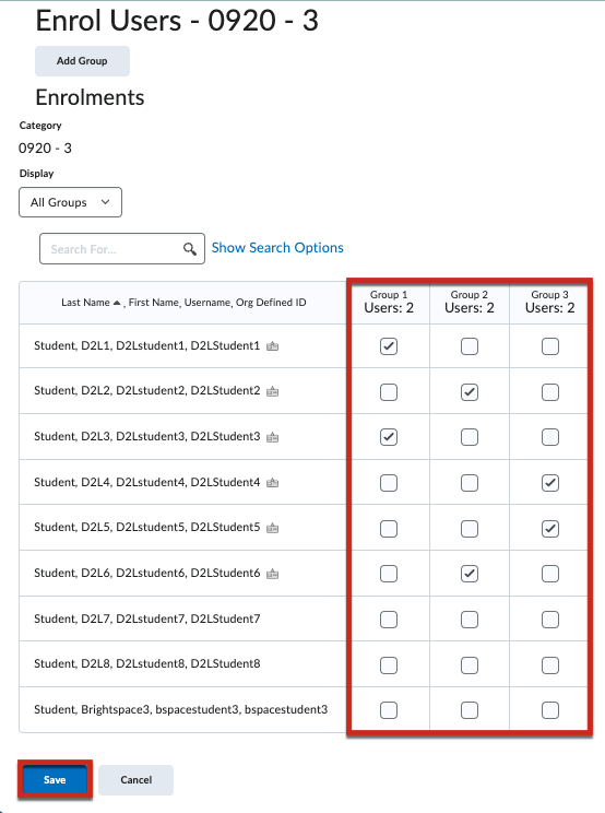 Group enrolment table - select by checkbox