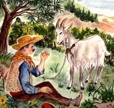 Painting of peasant sitting on the ground pointing up at a goat.