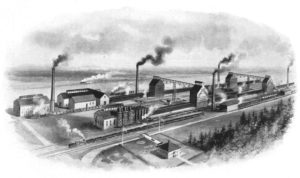 Heavy industry comes to Nova Scotia and, with it, plenty of steam and smoke. An artist's rendering of the Cape Breton coking ovens applauds the order and smokey industry at the start of the 20th century. https://en.wikipedia.org/wiki/Sydney_Tar_Ponds#/media/File:SydneyCokeOvenGeneralViewCa1900.jpg