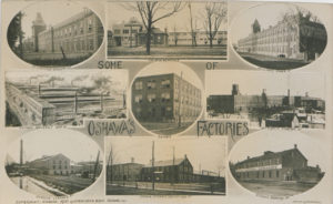 Postcards like this one were a means to promote the industrial culture emerging in towns like Oshawa in 1910. (Canadian Copyright Collection, Picturing Canada Project, British Library) https://commons.wikimedia.org/wiki/File:Oshawa%27s_Factories_(HS85-10-22386).jpg