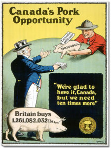 Johnny (or Jack) Canuck appears more as an 'everyman' character, often scowling at Uncle Sam's antics and invariably helping out Britain. https://commons.wikimedia.org/wiki/File:Canada's_Pork_Opportunity.jpg