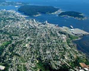 Nanaimo is one of the oldest cities in western Canada but that has not saved it from sprawl. Its metro population of 98,000 in 2015 covers 1,280 km2. Greater Toronto (not Metro) covers 1,751 km2 but contains more than 5 million people. (Author: Ken Walker) https://commons.wikimedia.org/wiki/File:Namaimo_aerial_4.jpg