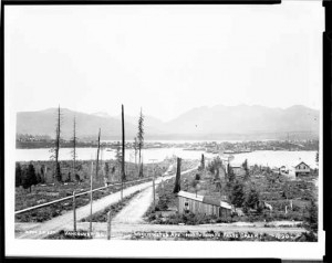 The False Creek mudflats at high tide in 1890, only recently denuded of trees but still a salmon spawning ground and a source of clams.