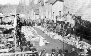 Potlatching continued at Alert Bay (aka 'yalis) until an RCMP crackdown in 1921. (Photo by McRae Brothers. City of Vancouver Archives, AM54-S4-: In P49) http://searcharchives.vancouver.ca/indian-potlach-alert-bay-b-c-2
