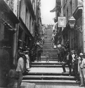 The appositely named Breakneck Steps in Québec City were clearly not designed for animal traffic nor for trams. (McCord Museum) https://en.wikipedia.org/wiki/Petit_Champlain#/media/File:Breakneck_Steps,_Quebec_City,_1870.jpg