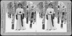 Inventing images that evoke a Canadian tradition separate from that of Britain or the USA has been a minor industry in Canada. Here, Catholic traditions meet Québec folkways in Our Lady of the Snows, 1909. https://commons.wikimedia.org/wiki/File:Our_Lady_of_the_Snows_-_A_Strictly_Canadian_Character.jpg