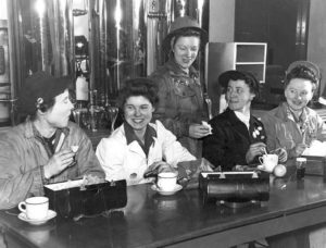 Starting in 1942, Vancouver’s Burrard Drydock hired more than 1000 women. Here we see the union’s shop stewards eating in the shipyard canteen, ca. 1942.