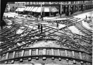 The imposition of a tramway intersection on an older streetway, like this one in Montreal in 1893, would dramatically change the way the street was used. (McCord Museum) https://commons.wikimedia.org/wiki/File:Tramway_Montreal_1893.jpg