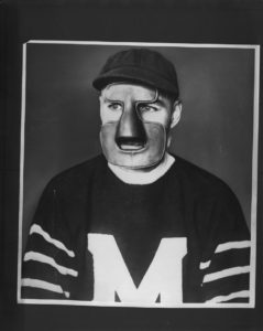 Clint "Praying Benny" Benedict (1892-1976) played for the Montreal Maroons, an NHL team that was a casualty of the Depression. Benedict pioneered the first goalie mask after breaking his nose in a game against the crosstown rival Canadiens.
