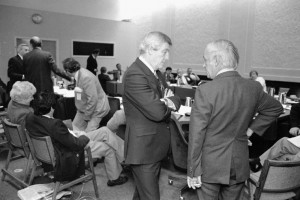Alberta Premier Peter Lougheed (centre) and Québec Premier René Lévesque in 1981. (Photograph by Robert Cooper. Library and Archives of Canada)