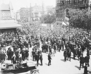 A crowd scene on the streets of Winnipeg in the spring of 1919. (Library and Archives Canada) http://collectionscanada.gc.ca/pam_archives/index.php?fuseaction=genitem.displayItem&lang=eng&rec_nbr=3574292&rec_nbr_list=134363,3192170,3574292,3574291,116448,139808,3536279,3559290,3559275,3559259