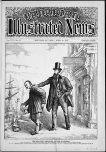 BC Premier Amor de Cosmos pictured evicting a Chinese immigrant, 1879. The cartoonist, J. Weston, uses caricatures but his blade has two edges: the Chinese immigrant's refusal to "assimilat" means, to De Cosmos, an unwillingness to "drink whiskey, and talk politics and vote like us." (Library and Archives Canada) http://collectionscanada.gc.ca/pam_archives/index.php?fuseaction=genitem.displayItem&rec_nbr=2914880&lang=eng