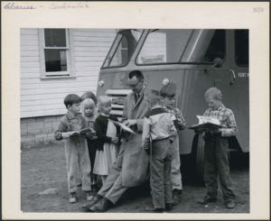 Elements of urban life – including well-stocked libraries – could not be transferred to rural Canada, but crusades to improve literacy and education could. A "bookmobile" visits northwestern Ontario at mid-century. (Canada. Dept. of Manpower and Immigration / Library and Archives Canada MIKAN #4369759). http://collectionscanada.gc.ca/pam_archives/index.php?fuseaction=genitem.displayItem&lang=eng&rec_nbr=4369759&rec_nbr_list=3932211,3534330,3028715,3924695,3643985,3383557,3368089,4369759,2268606,3361974