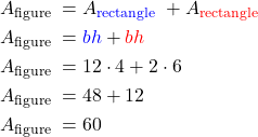 $\begin{aligned} & A_{\text {figure }}=A_{\text {\textcolor{blue}{rectangle} }}+A_{\text {\textcolor{red}{rectangle} }} \\ & A_{\text {figure }}={\color{blue}{b h}}+{\color{red}{b h}} \\ & A_{\text {figure }}=12 \cdot 4+2 \cdot 6 \\ & A_{\text {figure }}=48+12 \\ & A_{\text {figure }}=60\end{aligned}$