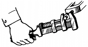 A hand holding a wrench and tightening a nut on a bolt.