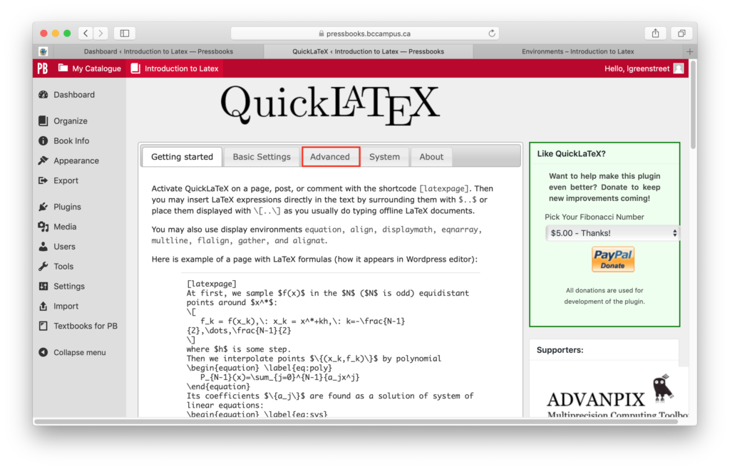 Screenshot of the advanced tab of the QuickLatex plugin.