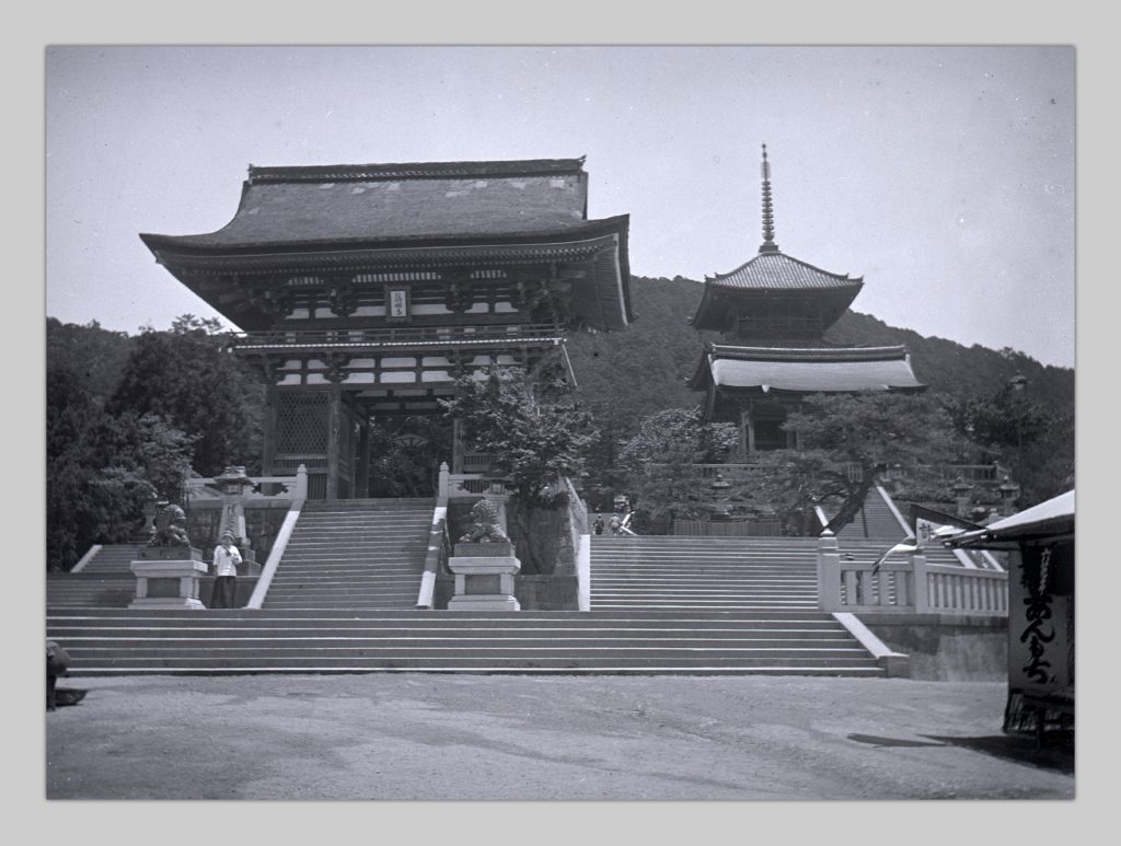 A glass negative photo by John Cooper Robinson showing Robinson’s daughter Hilde near the Main Gate of Kiyomizudera in Kyoto