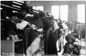 This photo depicts Japanese women in a Steveston cannery working with babies on their backs. A child sits in a stroller to the right of the women, looking at the camera.