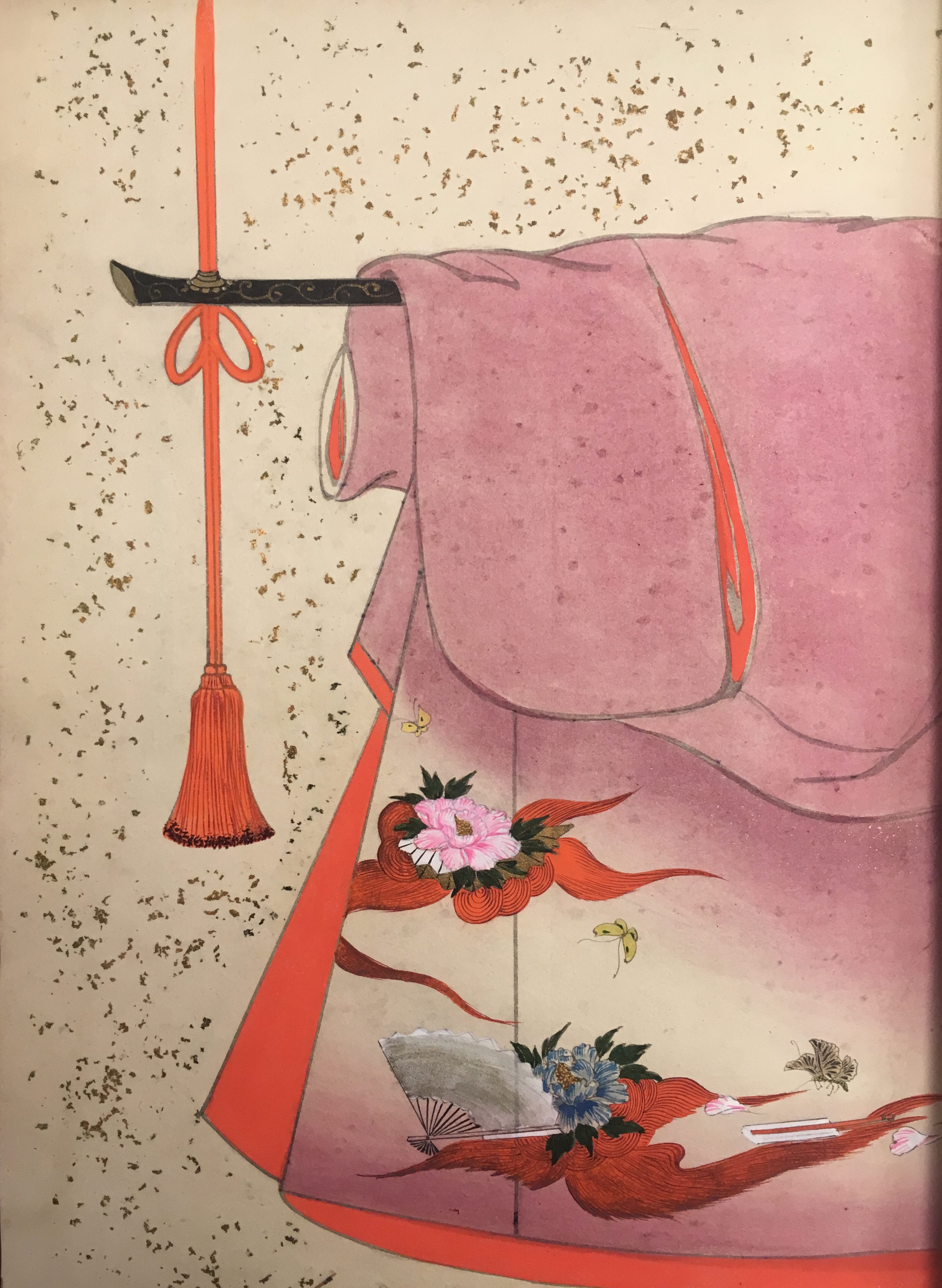 A pink kimono with reddish-pink interior. The pattern in the lower outside corner depicts butterflies traveling toward two peonies. A white fan lays next to one of the peonies.