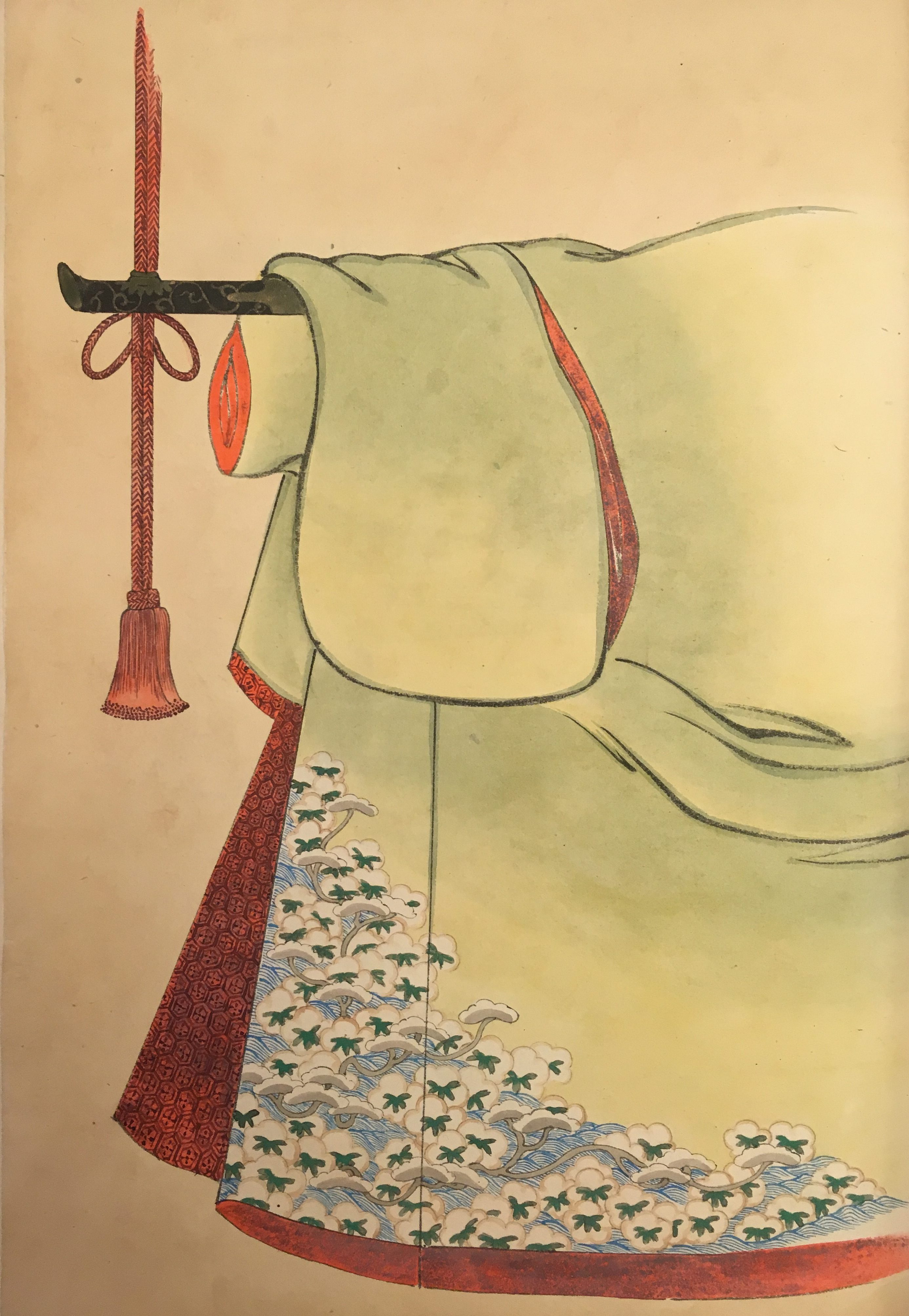 A light green kimono design. The interior is red, and the lower outside pattern appears to depict snow-capped trees.