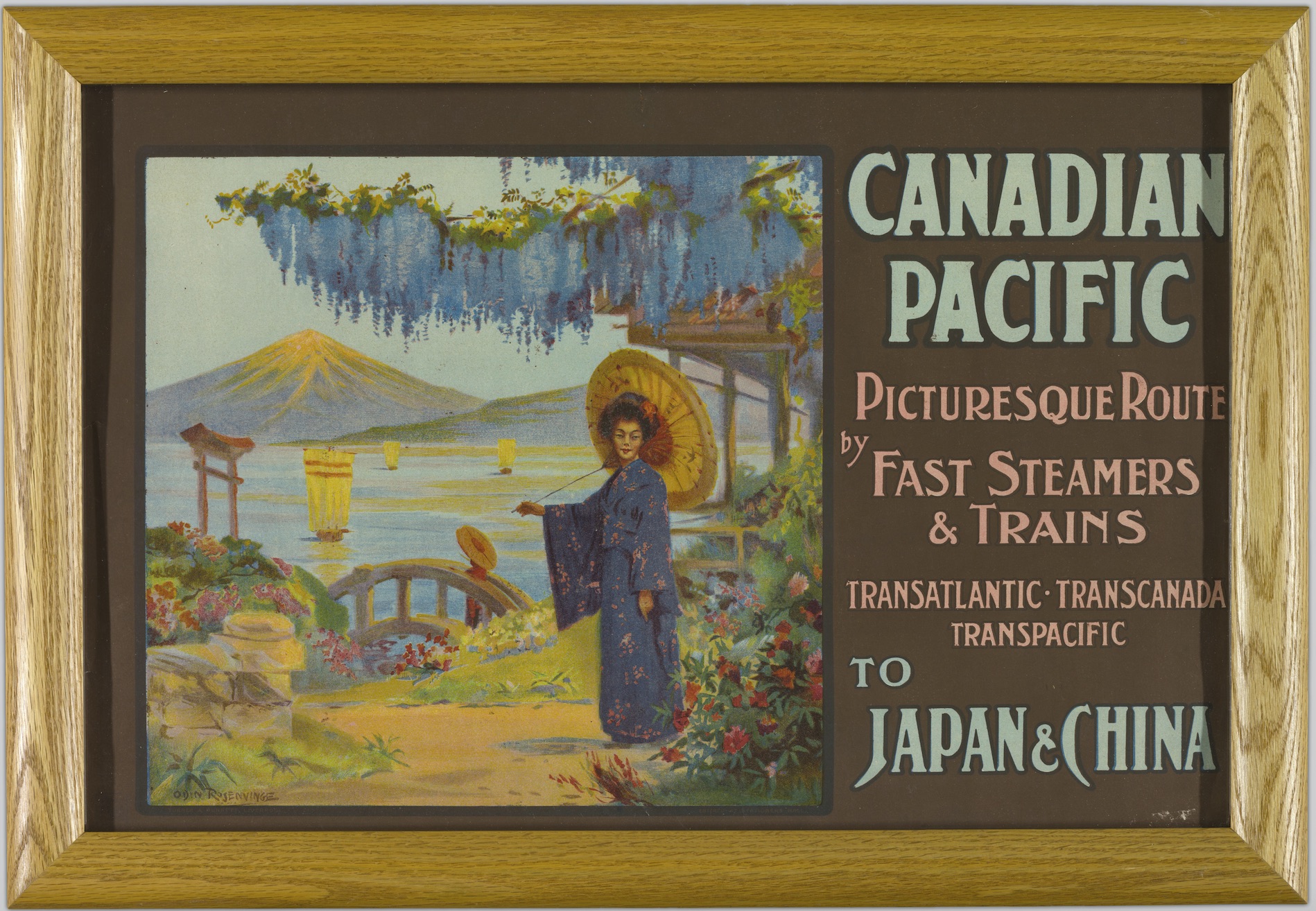 A framed, illustrated advertisement for Canadian Pacific Railroad promoting passenger train routes to Japan and China. The illustration is a simplified version of contemporary Japanese illustrations and reflects North Americans' "exoticization" of the two countries.