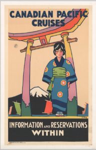An advertisement for Canadian Pacific Cruises depicting a woman in kimono and obi, a wooden gate, and Mount Fuji.