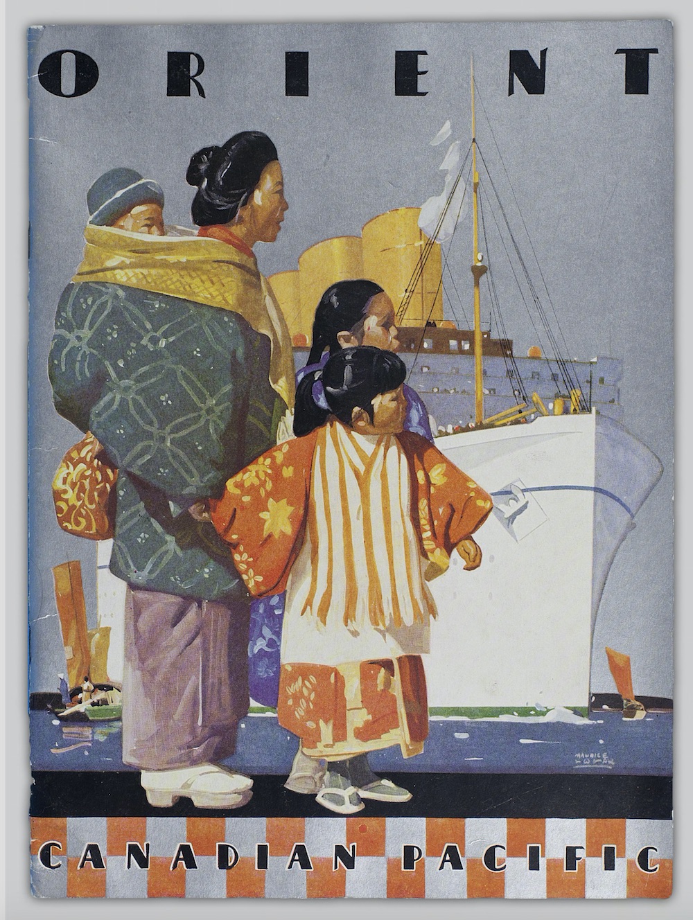 Another illustrated advertisement for Canadian Pacific which depicts a Japanese mother and children superimposed over a cruise liner. The tagline reads "ORIENT."