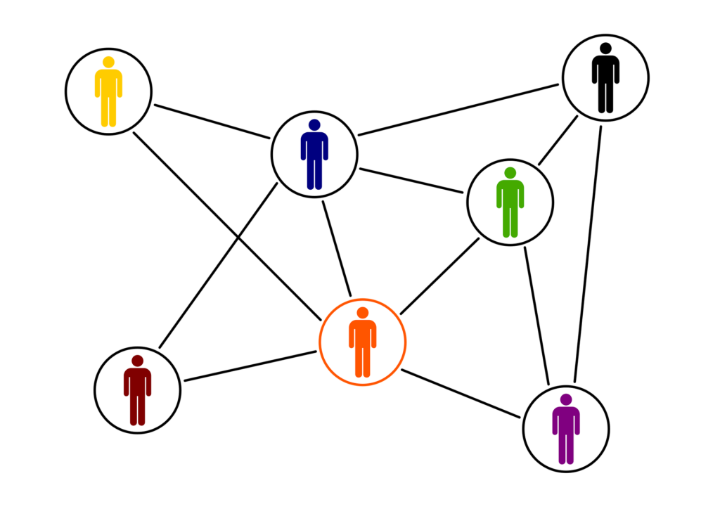 Sillhouettes of people connected in a network representing collaboration.