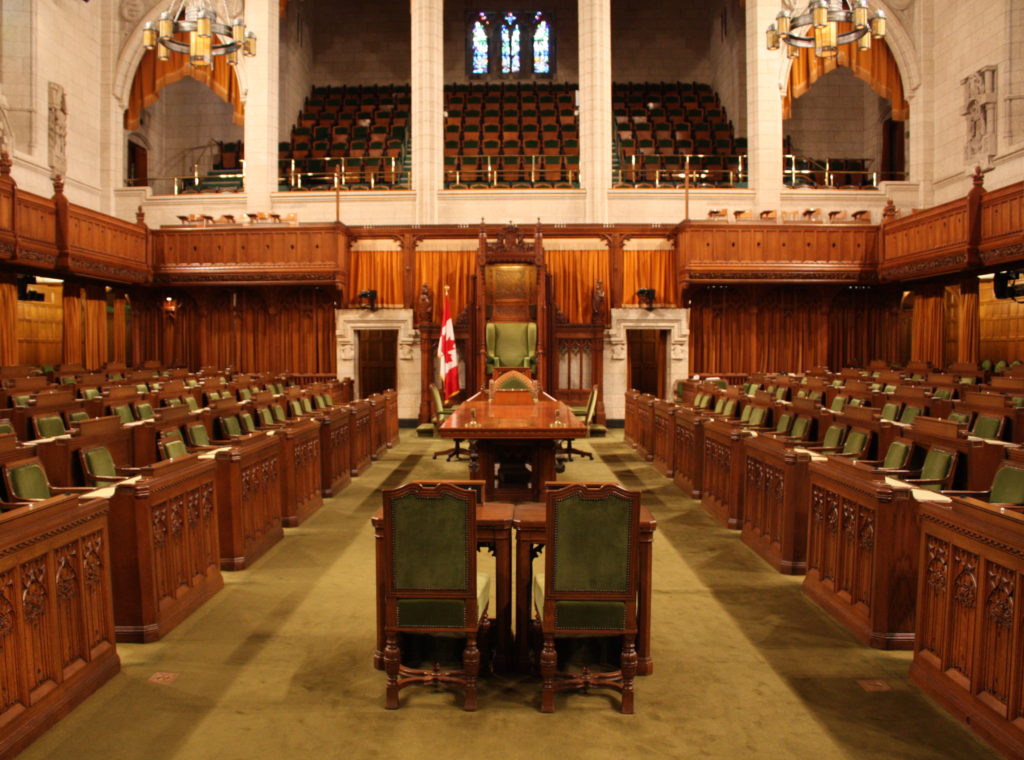 The Canadian House of Commons, with the Speakers char at the centre, and seats for remaining members of around the room.
