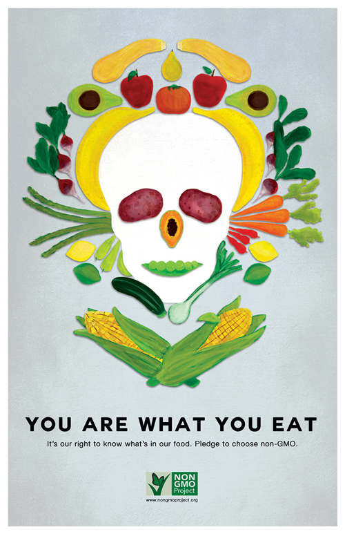 Poster of a skull made out of fruits and vegetables.