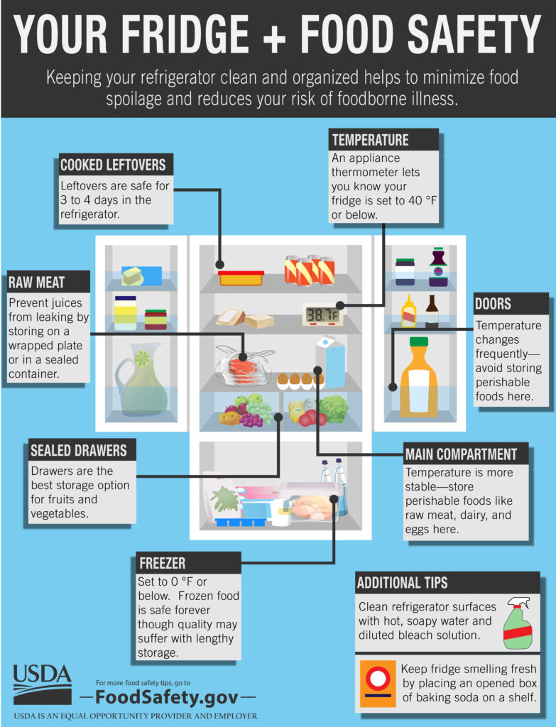 The inside of a fridge, identifying the various compartments including the freezer for frozen foods and drawers for storing fruits and vegetables. this infographic also highlights how appropriately stored food minimizes spoilage and risk of food-borne illness.