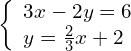 \left\{\begin{array}{c}3x-2y=6\hfill \\ y=\frac{2}{3}x+2\hfill \end{array}