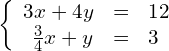 \left\{\begin{array}{ccc}\hfill 3x+4y& =\hfill & 12\hfill \\ \hfill \frac{3}{4}x+y& =\hfill & 3\hfill \end{array}